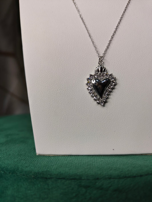 Collana Cuore Sacro e Strass Silver