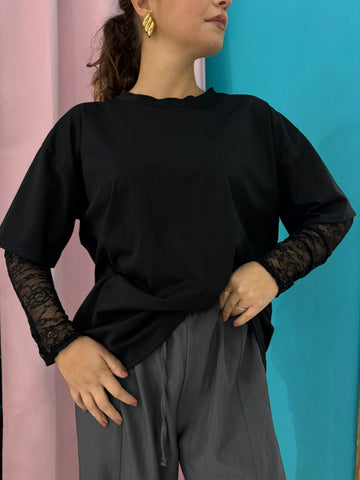 T shirt manica pizzo nero