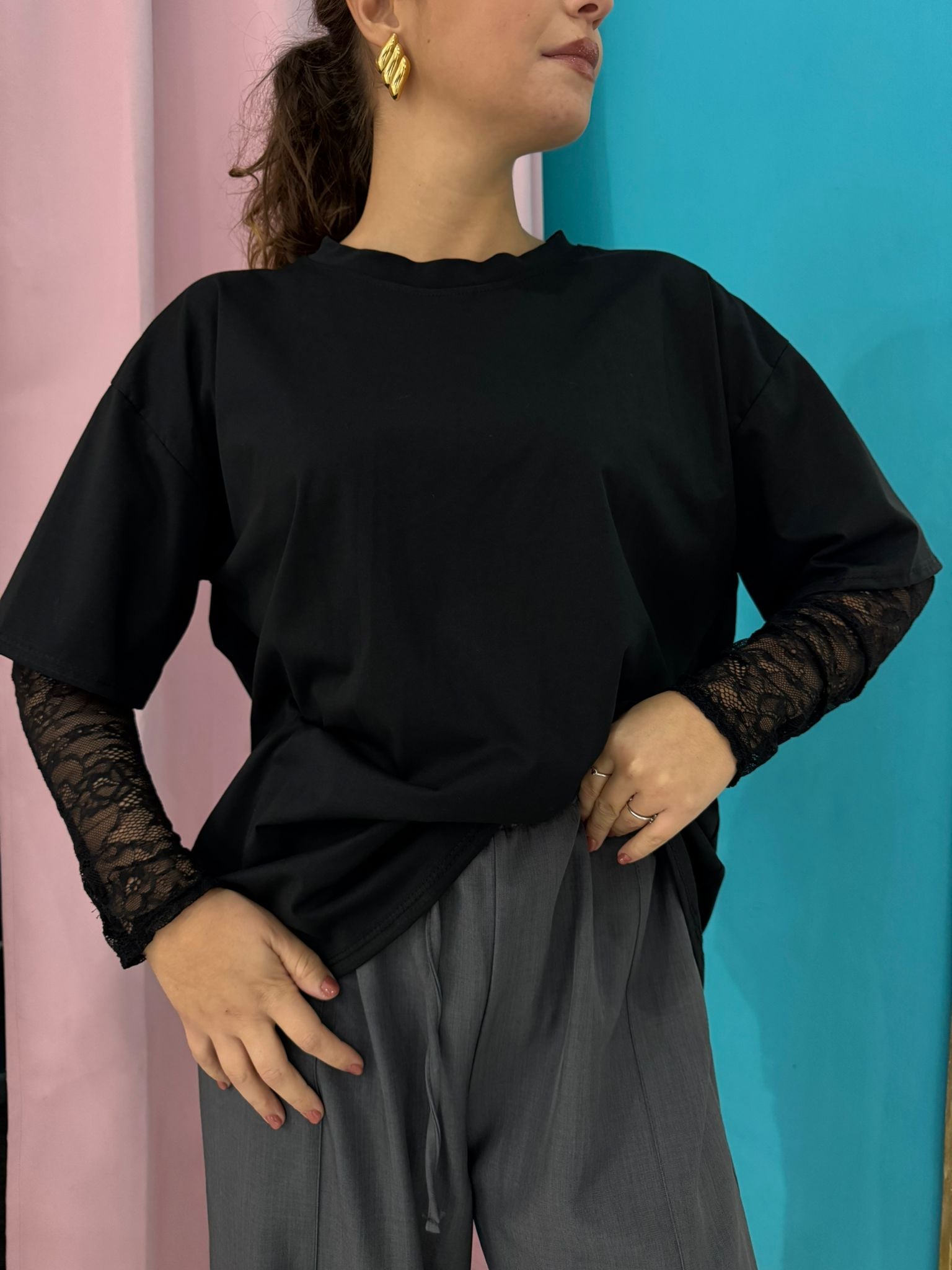 T shirt manica pizzo nero